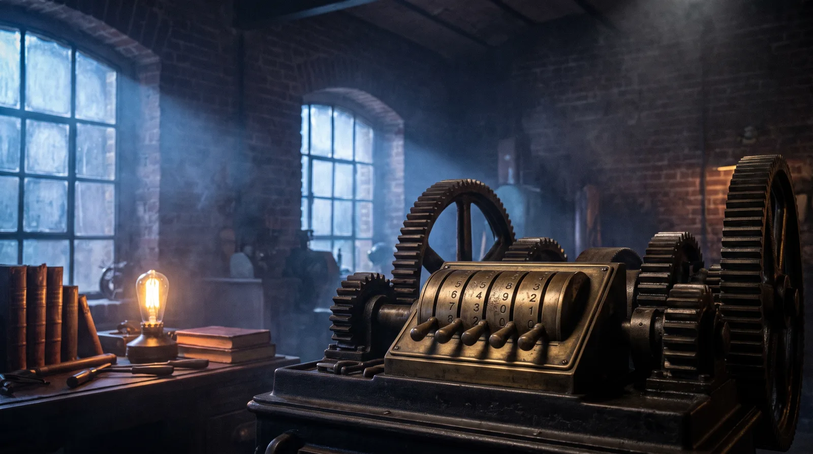 Ancienne filature en brique du Nord aménagée en escape game, machines et cadran numéroté