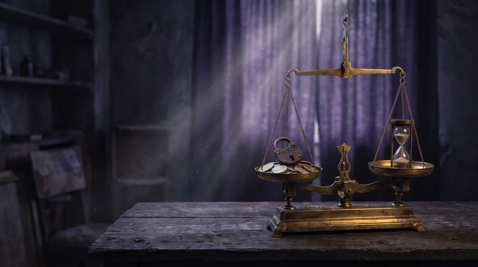 Balance ancienne en laiton avec pièces et cadenas, sablier posé à côté